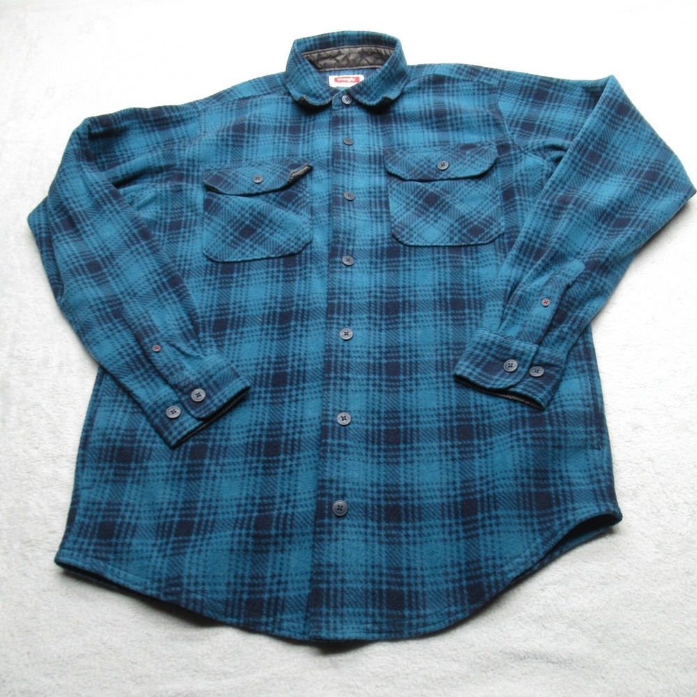 Wrangler Shirt Jacket Men Small Sea Green Plaid Pockets Soft Flannel Button Up